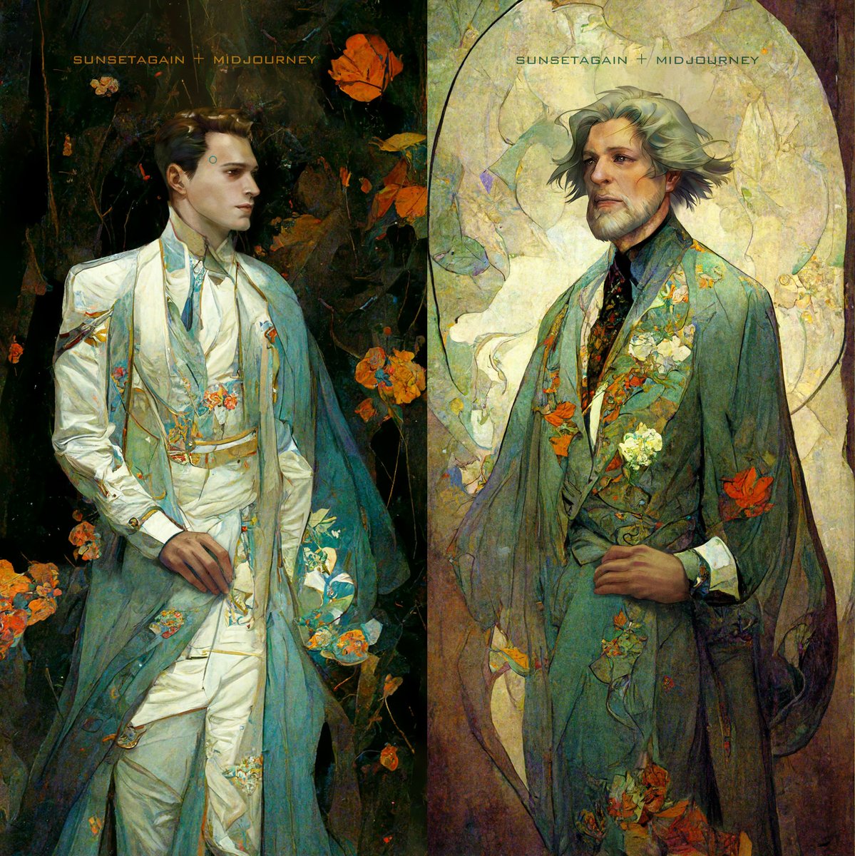 SunsetagainD's tweet photo. Connor and Hank, but in Alphonse Mucha's style.
Collaboration with @midjourney https://t.co/xNCbs2Kt2F