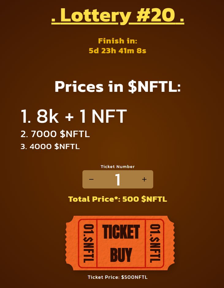 $NFTL #NFTLotteryTicket #19 
Winners :

🏆1. 8 000 $NFTL + 1 #NFT
0x382CdD9B6D9A1275bEdD30cf3ad6FDE383f308d2

🥈2. 7 000 $NFTL
0x2Df90424b0093402Addb73e043EBC17b7bd2A864

🥉3. 4000 $NFTL 
0x71938eee4976d76b34a7897f05b224e33b7c51d7

The $NFTL #NFTLotteryTicket #20 #BSC 
is Open💫