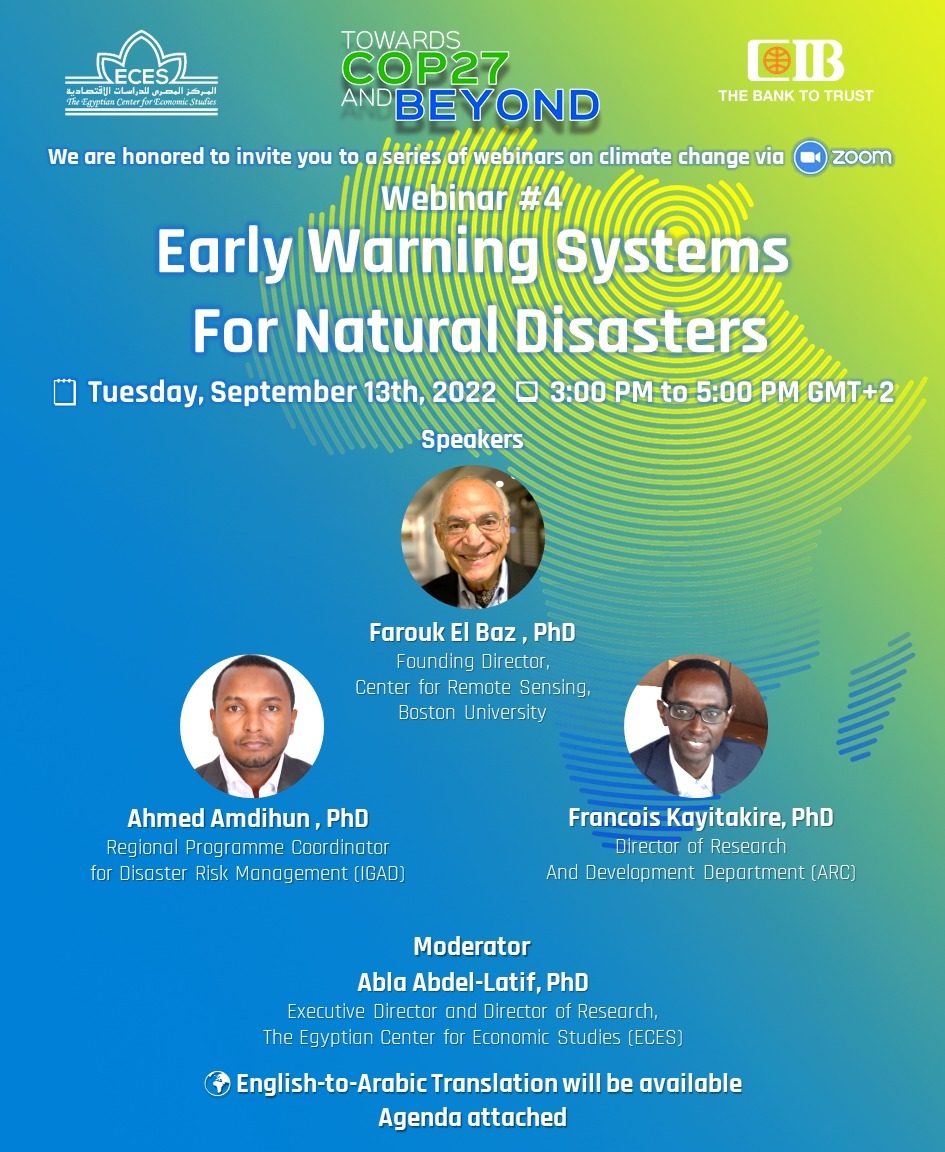 Join us for the webinar organised by @eces_org_eg on 'Early Warning Systems For Natural Disasters.' 🗓️:13 September 2022 Agenda➡️ bit.ly/3Bogif0 Register here➡️ bit.ly/3qiJg9N #eces #ARC #cop27 #climate #africa #egypt