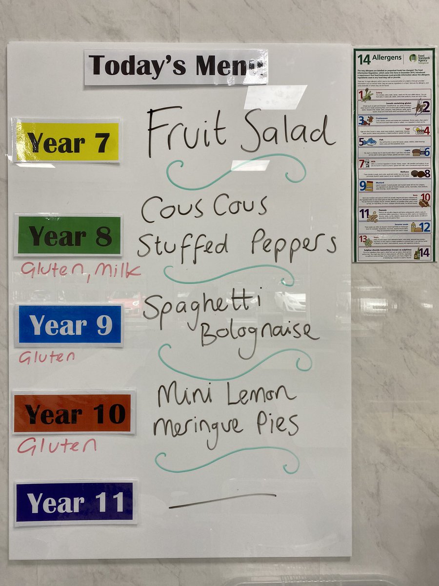 SpxFood's tweet photo. This week’s menu in the food preparation room @Stpiusx_school 
#teach #cooking #food #school #ingredients #allergens https://t.co/Gad27a51NJ