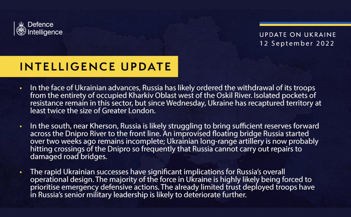 OS26's tweet image. #IntelUpdate @mod_russia mass retreat across multiple sectors in Kharkiv oblast confirmed. 

🇷🇺 unable to properly resupply Kherson. 🇺🇦 long range arty destroying pontoon bridge

@mod_russia on defensive. New losses likely to impact troop morale