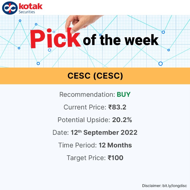 kotakneo's tweet photo. Keep up with the market with Kotak Securities Pick Of The Week
For research reports, visit https://t.co/uXvKXoGWkb or download the Kotak Stock Trading app - https://t.co/wsuPRIKLqI
Disc - https://t.co/Jxgf6VA2NB
#LongTermCall #KotakSecurities #CESC #TopPick #Stock