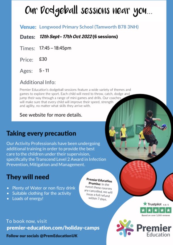 🚨 LAST CHANCE TO BOOK!!! 

Dodgeball starts TONIGHT at Longwood Primary School. I hope to see some of you there! 

Click the link to book
premier-education.com/parents/venue/…

#Tamworth #Dodgeball #Longwood #PremierEducation
