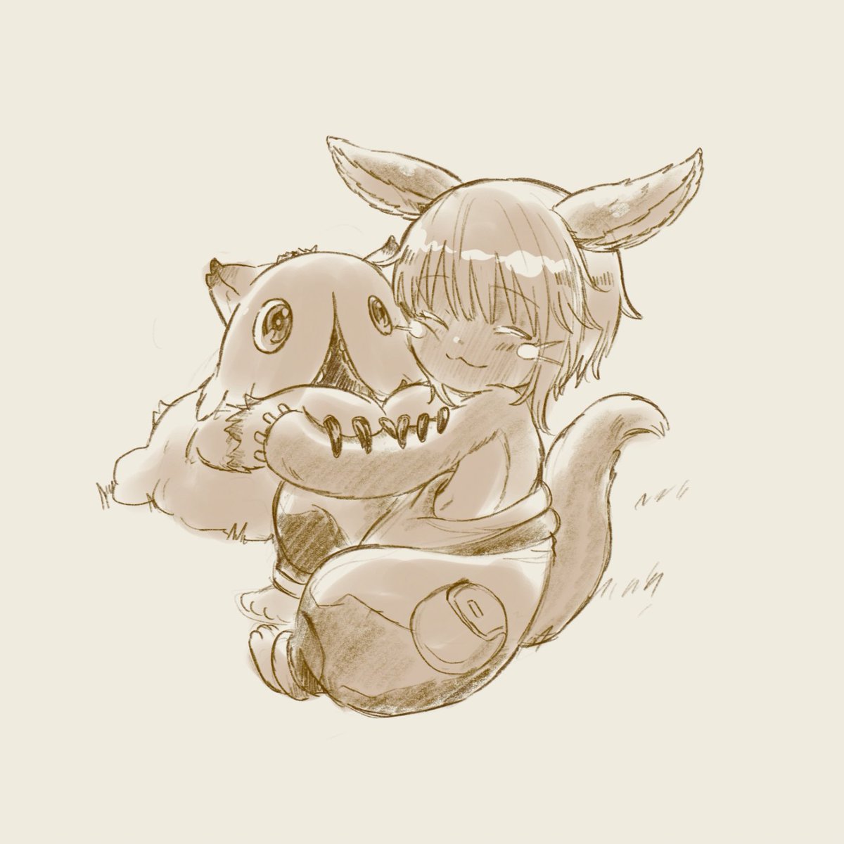 nanachi (made in abyss) animal ears furry 1other tail closed eyes monochrome smile  illustration images