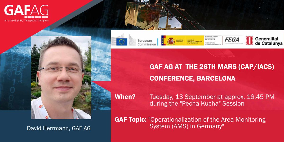 GAF_Munich's tweet photo. Ready for beautiful #Barcelona & the 26th MARS (CAP/IACS) Conference & the future of #AgriculturalMonitoring & #CAPMonitoring of #ClimateAction & #RuralDevelopment with #EO? Then listen on 13 Sept to David Herrmann, GAF Tech. Project Lead #CAPMonitoring https://t.co/tH3vbH9r3L https://t.co/f50D3GwLVW