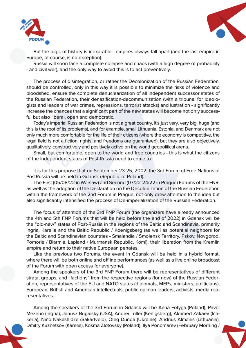 freenationsrf's tweet photo. Press release of the III #Forum of Free #Nations of #PostRussia 23-25.09 in #Gdańsk (the main day of the Forum, when all the main public speeches will be held - Saturday 24.09.22)🔥

p.s. the timing and the final program of the speakers will be at the beginning of next week)✌️ https://t.co/C0ihkCf064