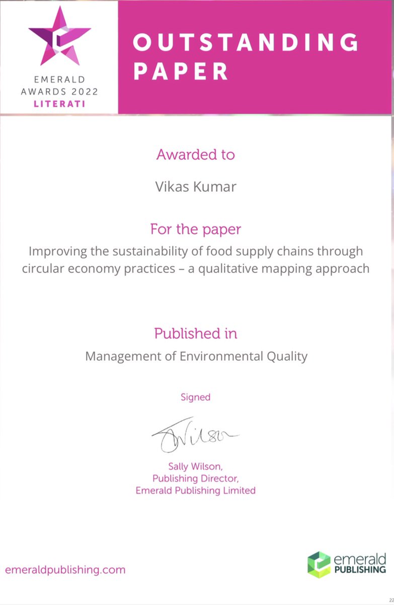 VikasKumar_UoP's tweet photo. Pleased to see our paper won the Emerald Literati Awards 2022 for #OutstandingPaper published in Management of Environment Quality #foodsupply #circulareconomy #QualitativeResearch #food #Sustainability @UWE_Research @UWEBusinessSch @UWEBristol @LBatista_UK @manojkdora https://t.co/LaVX6DZOao