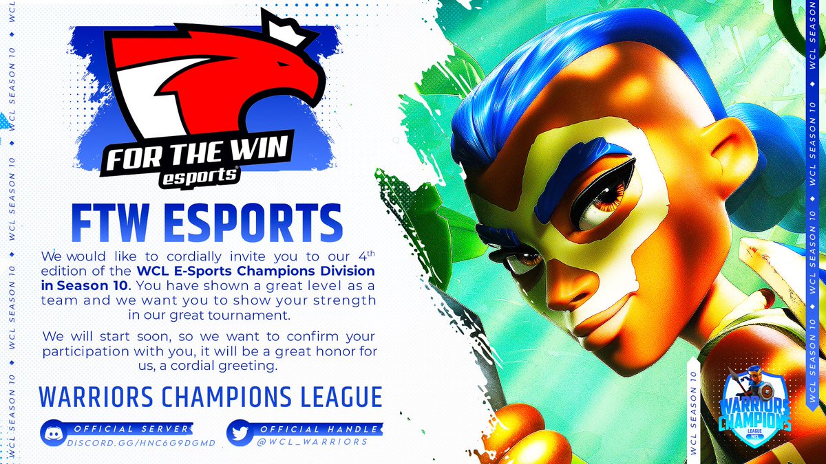 A equipa de Clash Of Clans da <a href="/ftwesports/">FTW | For The Win Esports</a> agradece o convite da <a href="/wcl_warriors/">WARRIORS CHAMPIONS LEAGUE</a>. 
Ansiosos para iniciar as batalhas ⚔️

#ftwesports #ftwarmy #ftwcoc #OMENFTW #elgatoFTW
