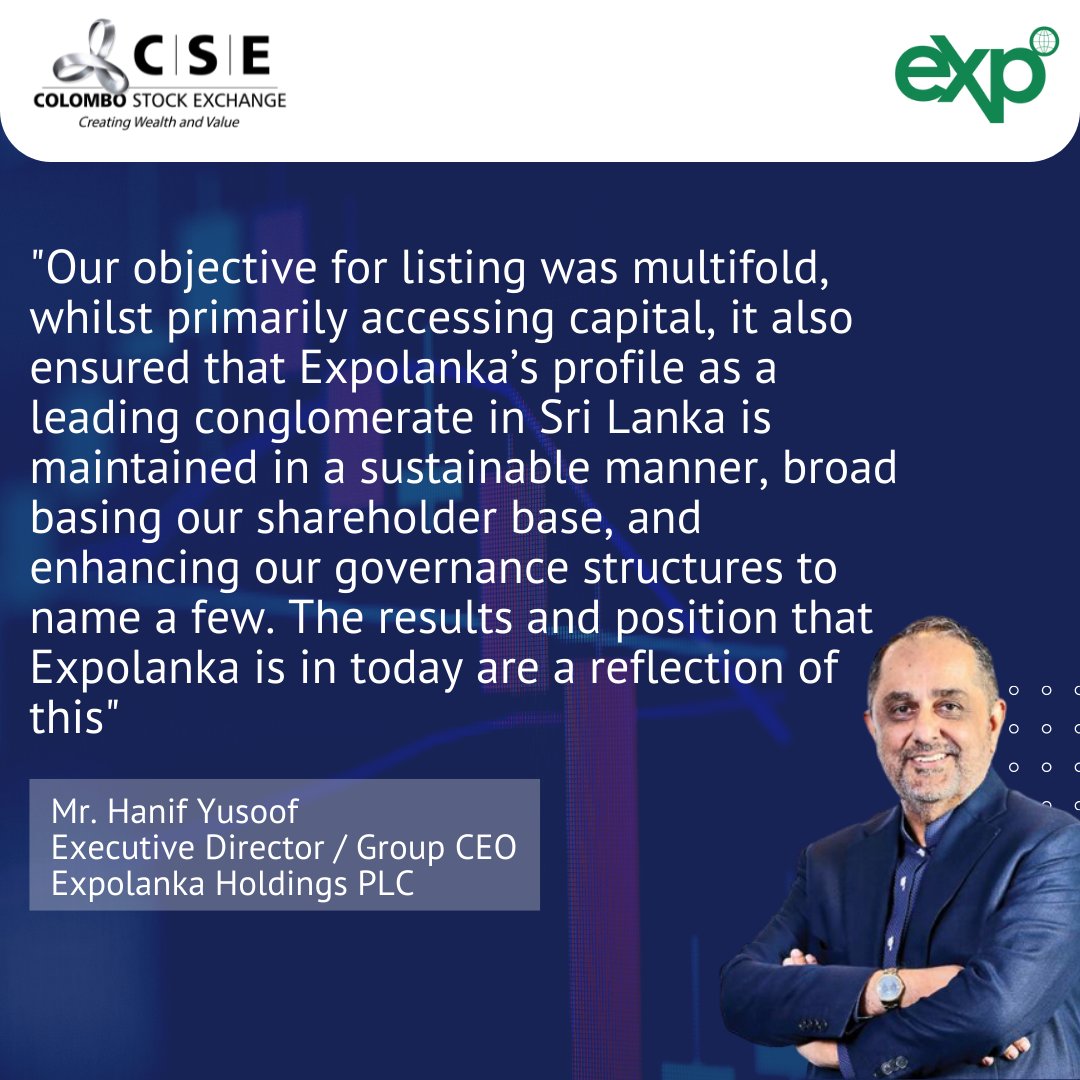 CSE_Media's tweet photo. Mr. Hanif Yusoof, Executive Director and Group CEO of Expolanka Holdings PLC speaks about raising capital through the stock market.
#CSE #ColomboStockExchange #listing #capitalraising #expolanka https://t.co/8y7uKFQHsK