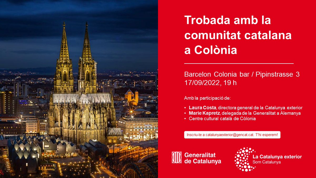 🙋🇩🇪Vius a Alemanya? No et perdis la trobada de catalans i catalanes a #Colònia #Köln <a href="/CatalansKoeln/">Centre Cultural Català de Colònia e.V.</a>

📆 17/09
🕖 19 h
📍maps.app.goo.gl/TtdtVfSYvMUDFA…

📨Envia un correu a catalunyaexterior@gencat.cat per a inscriure-t'hi. Oberta a tothom! T'hi esperem!

#SomCatalunya