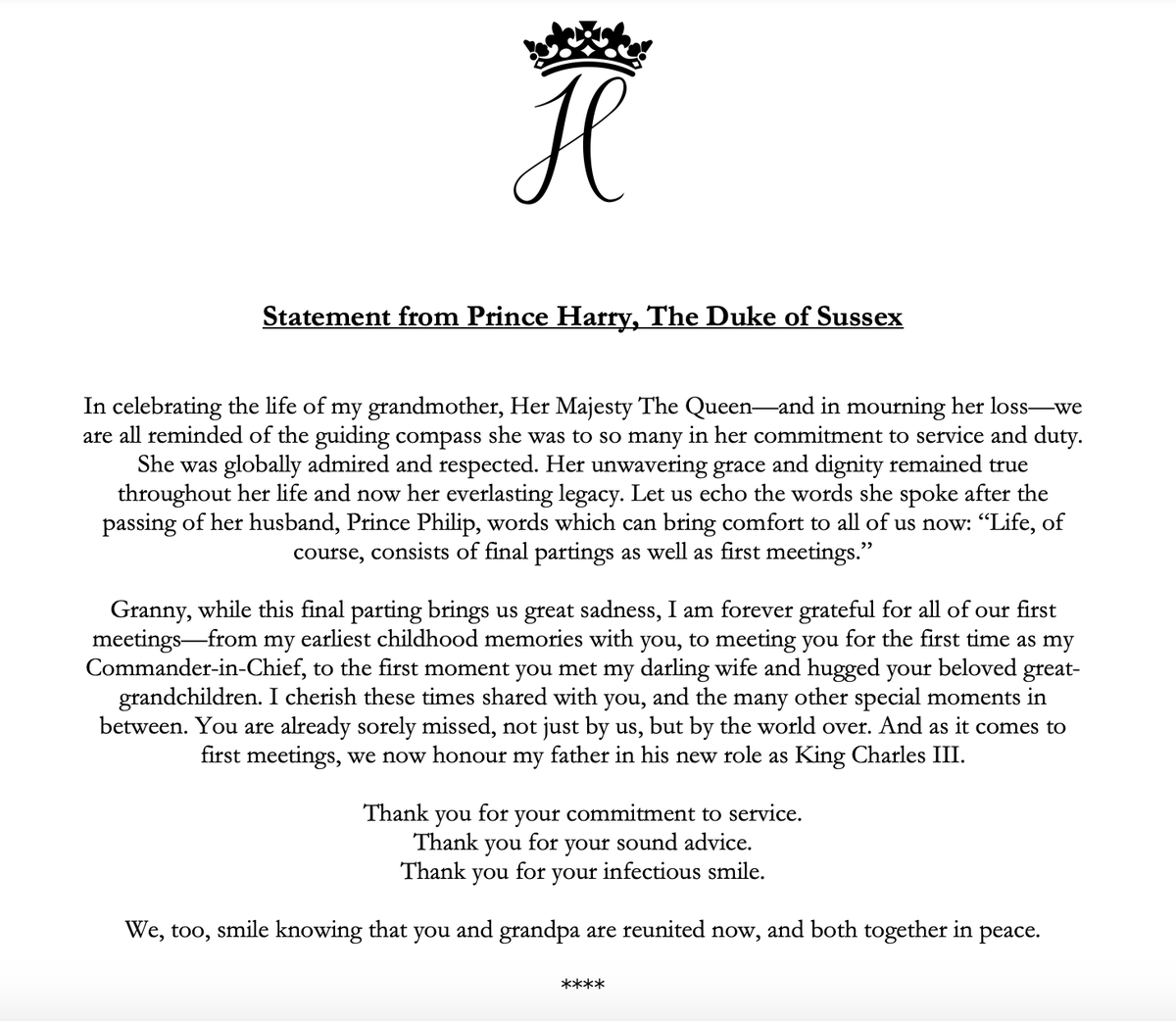 NBCNews's tweet photo. NEW: Prince Harry releases statement in memory of his 'Granny.' 

"Thank you for your infectious smile. We, too, smile knowing that you and grandpa are reunited now, and both together in peace."

Read more: https://t.co/IIJVAvZjd1 https://t.co/bNcmcoRixC