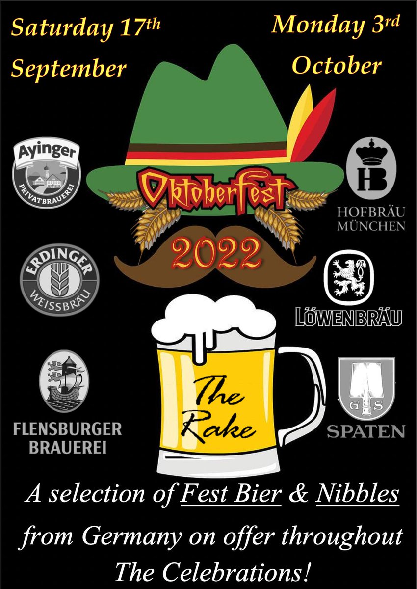 Rakebar's tweet photo. OKTOBERFEST KLAXON! 
From this Saturday we'll be Oktoberfest right here at The Rake.
Get your fest biers and German nibbles on for two whole weeks!
#Rakebar #Oktoberfest https://t.co/vkMsrvB2aL