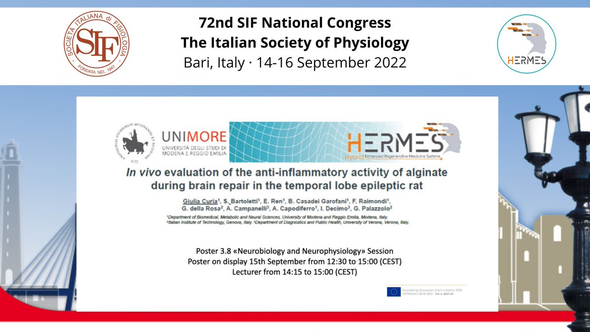 HERMES-FET (@hermes_fet) on Twitter photo 📣Our consortium partner <a href="/RicercaUnimore/">Ricerca Unimore</a> PI <a href="/giulia_curia/">Giulia Curia, PhD</a> is presenting a poster "In vivo evaluation of the anti-inflammatory activity of alginate during #brain repair in the temporal lobe #epileptic rat" by a team of researchers from <a href="/UNIMORE_univ/">UNIMORE</a> <a href="/IITalk/">IIT</a> <a href="/UniVerona/">Università di Verona</a> at #SIF2022. 📣Our consortium partner <a href="/RicercaUnimore/">Ricerca Unimore</a> PI <a href="/giulia_curia/">Giulia Curia, PhD</a> is presenting a poster "In vivo evaluation of the anti-inflammatory activity of alginate during #brain repair in the temporal lobe #epileptic rat" by a team of researchers from <a href="/UNIMORE_univ/">UNIMORE</a> <a href="/IITalk/">IIT</a> <a href="/UniVerona/">Università di Verona</a> at #SIF2022.