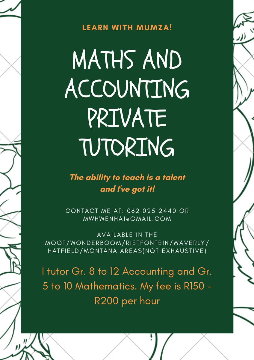 Hey guys please do the most for me again♥️
I'm a postgraduate accounting science student at Tuks and I'm able to tutor IEB and CAPS✨ 

Please note that my prices now range from R150 to R250 an hour based on fuel cost.
 
Like and RT♥️

Wits| FetchYourBody2022| Loadhsedding