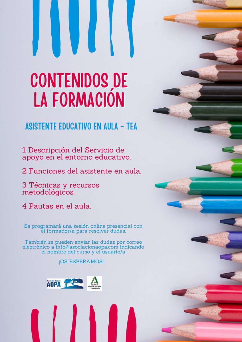 AsociacionAopa's tweet photo. Os dejamos la publicidad de la formación ASISTENTE EDUCATIVO EN AULA que se puede hacer de forma gratuita desde el Campus AOPA en Moodle. Para acceder, sólo se tiene que enviar un correo electrónico a info@asociacionaopa.com https://t.co/6DBUTA265b