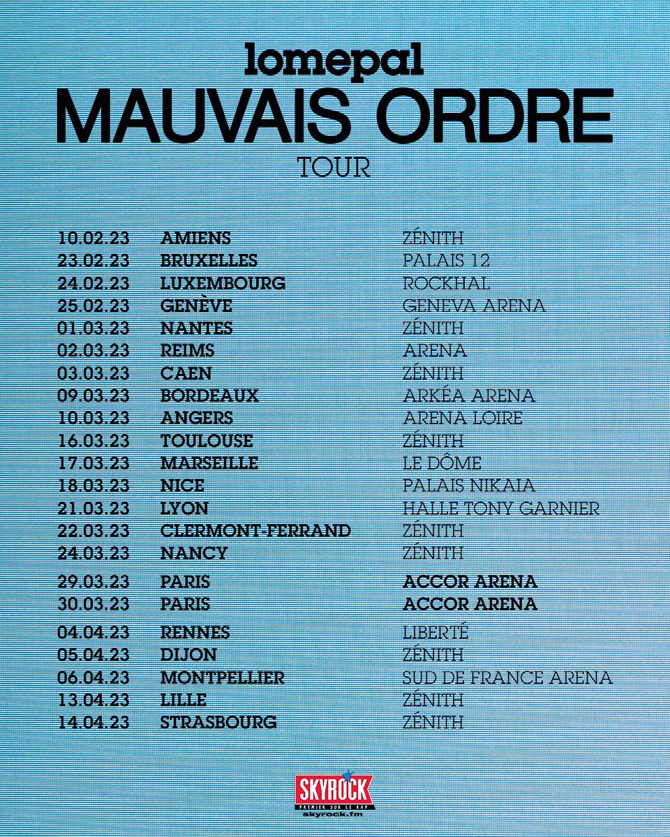 Lomepal annonce sa tournée "Mauvais Ordre Tour" avec Skyrock 🔥
Les billets sont disponibles ▶️mauvaisordre.com