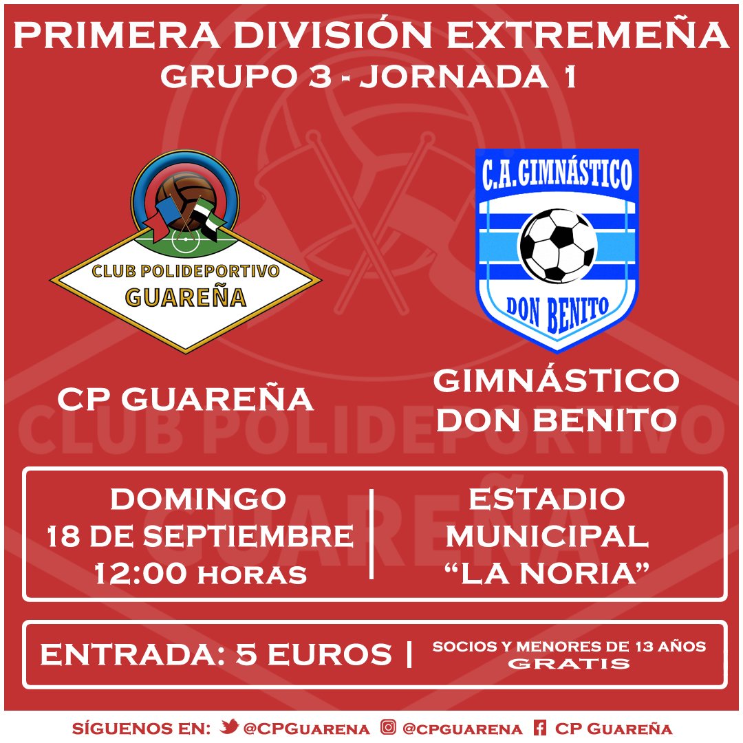 CPGuarena's tweet photo. ⚽ ¡𝗩𝗨𝗘𝗟𝗩𝗘 𝗟𝗔 𝗟𝗜𝗚𝗔!

El domingo jugamos en casa el 1º partido oficial de la temporada:

🏆 1ª División Extremeña
📋 Grupo 3 - Jornada 1
🆚 @CAGimnasticoDB
📆 Domingo 18 septiembre
🕗 12:00h
🏟 Municipal "La Noria"
📍 Guareña

¡OS ESPERAMOS!

#JuntosMovemosLaNoria 🎡❤ https://t.co/pZGx9Y5Zq1
