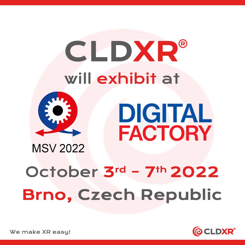 CLDXR_com's tweet photo. We are proud to announce, that https://t.co/pT42B7iGVL will attend this years MSV in Brno (@BVVBrno )as part of the Digital Factory! Let's meet and discuss the possibilities of how #AugmentedReality can help your company! 

#CLDXR #AR #WebAR #MSV #DigitalFactory #BVV https://t.co/CmFR3U6PN5