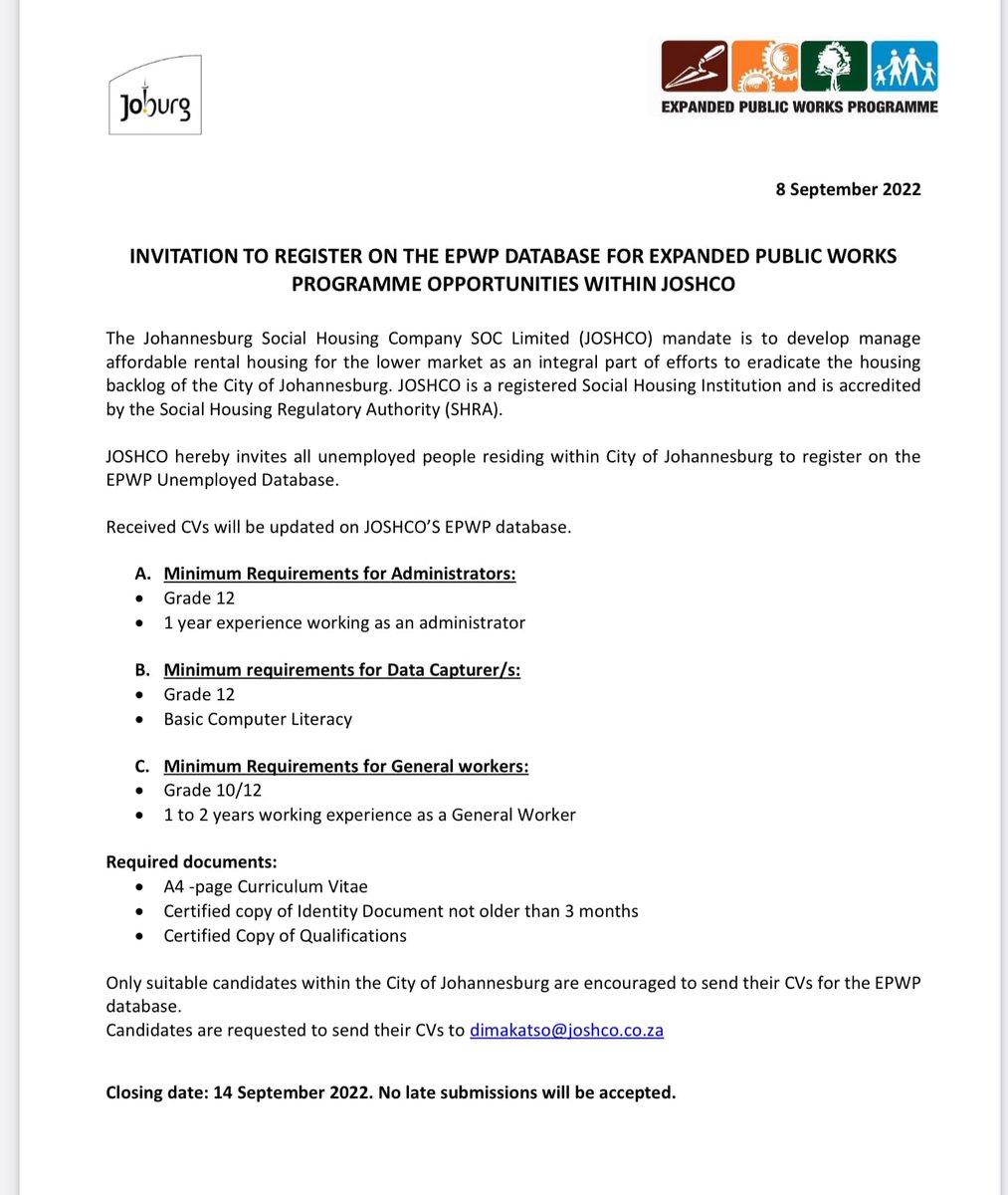 NYDARSA's tweet photo. Invitation to register on the database for Expanded Public Works Programme (EPWP) opportunities within the Johannesburg Social Housing Company.

Please send your CV to: dimakatso@joshco.co.za.  

Closing Date: 14 September 2022.

#JobSeekersSA #MondayMotivation #SouthAfrica https://t.co/eENdjVCiks