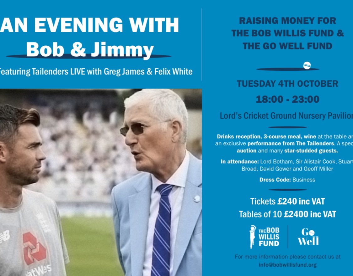 Tickets on sale for “An Evening with Bob &amp; Jimmy” to help raise money for The Bob Willis Fund.

James Anderson &amp; Tailenders crew will be joined by Lord Botham, Sir Alistair Cook, Stuart Broad, David Gower &amp; Geoff Miller

Info here : info<a href="/bobwillisfund/">The Bob Willis Fund</a>.org

@bobwillisfund <a href="/jimmy9/">James Anderson</a>