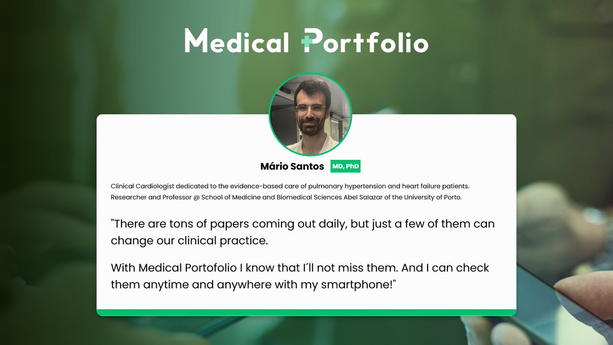 medicalport_pt's tweet photo. One of our co-founders has a message for you! 📩
Mário Santos wants you to stop struggling, start saving time and stay updated with Medical Portfolio App on your smartphone! Focus on what matters!
#MedicalPortfolioApp #Cardiology #InstaCardio #Medicine https://t.co/otH5zlNYje