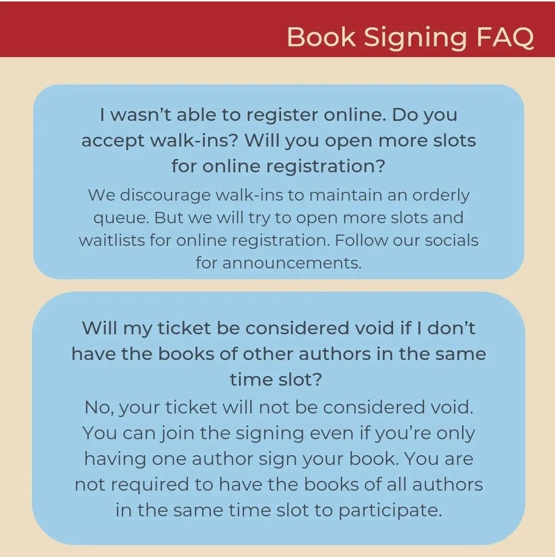 purpleyhanwp's tweet photo. Hi, readers! For those who were not able to secure slots for the booksigning on 17th last Friday: https://t.co/ykhpGju8pY