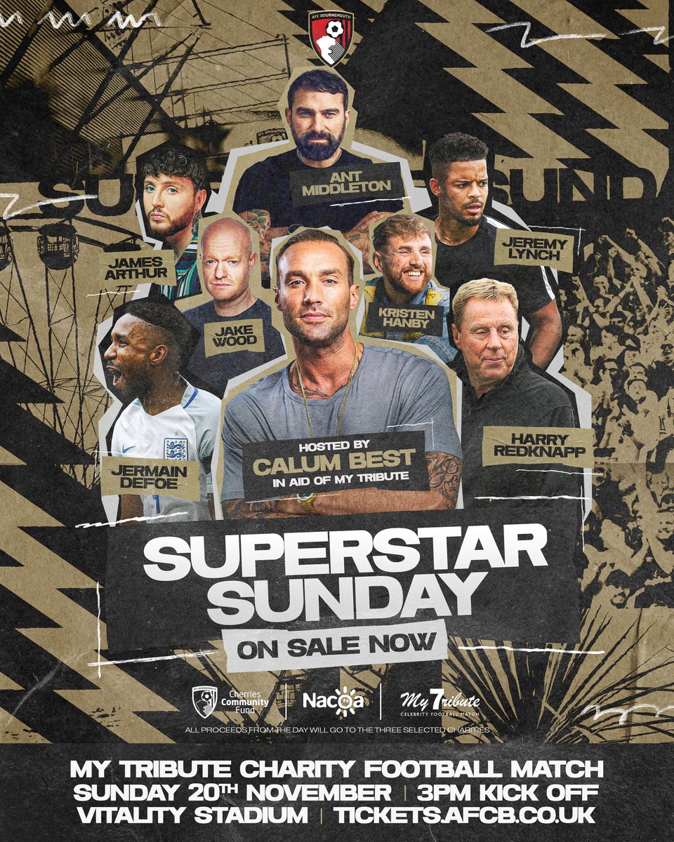 AFC Bournemouth π (@afcbournemouth) on Twitter photo Tickets on sale now ποΈ
Come along to our My Tribute celebrity charity match, hosted by <a href="/CalumBest/">Calum Best Official</a> at Vitality Stadium this November.
π tickets.afcb.co.uk π Tickets on sale now ποΈ
Come along to our My Tribute celebrity charity match, hosted by <a href="/CalumBest/">Calum Best Official</a> at Vitality Stadium this November.
π tickets.afcb.co.uk π