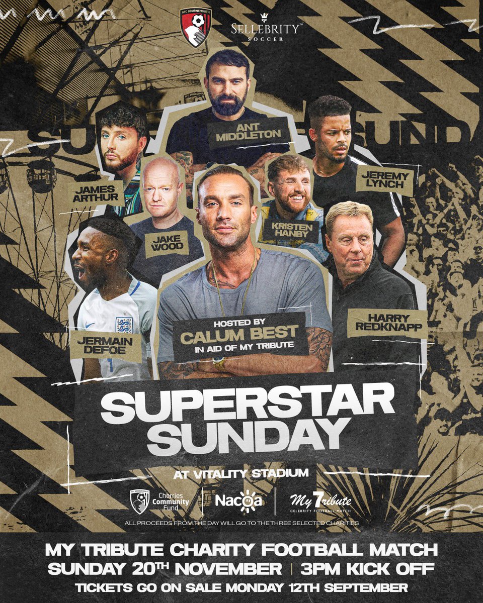Calum Best Official (@calumbest) on Twitter photo Tickets on sale now ποΈ
Come along to our My Tribute celebrity charity match, hosted by myself and some great names and friends playing !
Come support these causes at <a href="/afcbournemouth/">AFC Bournemouth π</a> Vitality Stadium this November 20th
π tickets.afcb.co.uk π Tickets on sale now ποΈ
Come along to our My Tribute celebrity charity match, hosted by myself and some great names and friends playing !
Come support these causes at <a href="/afcbournemouth/">AFC Bournemouth π</a> Vitality Stadium this November 20th
π tickets.afcb.co.uk π