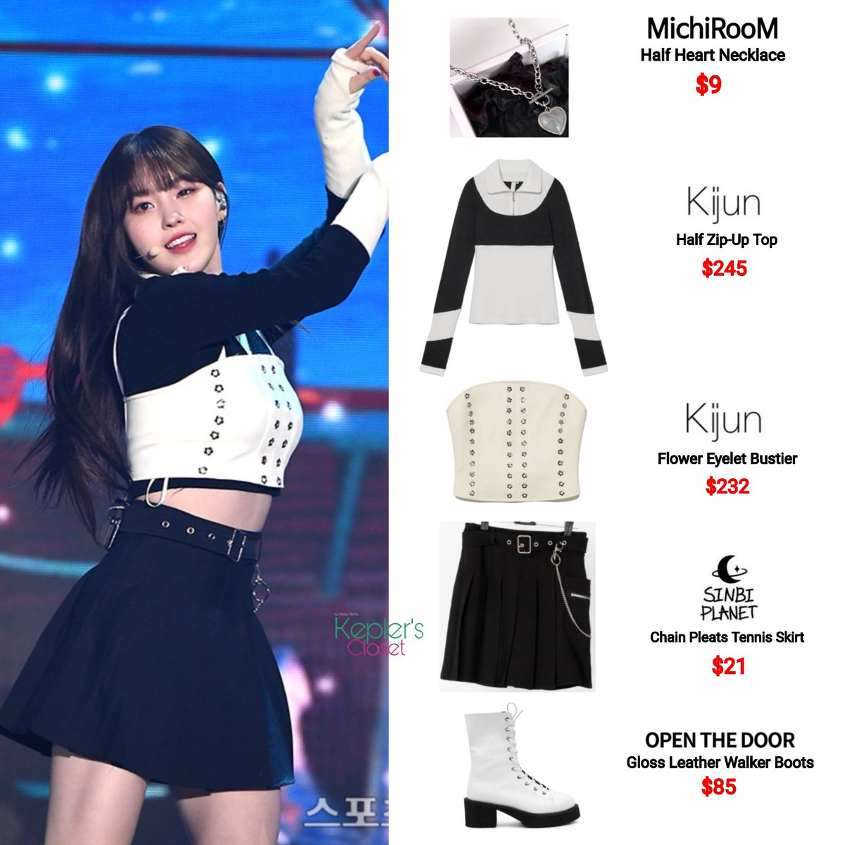 Kep1ersCloset's tweet photo. {220805 - Heart Dream Awards}

#Chaehyun is wearing:

🔹#MichiRooM Half Heart Necklace $9
🔹#Kijun 1/2 Zip-Up Top $245
🔹Kijun Flower Eyelet Bustier $232
🔹#SinbiPlanet Chain Pleats Tennis Skirt $21
🔹#OpenTheDoor Gloss Leather Boots $85

#KimChaehyun #Kep1erFashion #Kep1er https://t.co/5trnDvvYPo