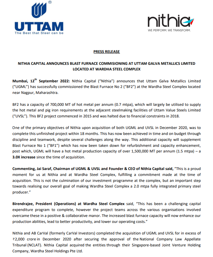 NithiaCapital's tweet photo. #NithiaCapital proudly announces the commissioning of blast furnace at #UttamGalvaMetallicsLimited located at #WardhaSteel Complex https://t.co/oXulkZfYyF
