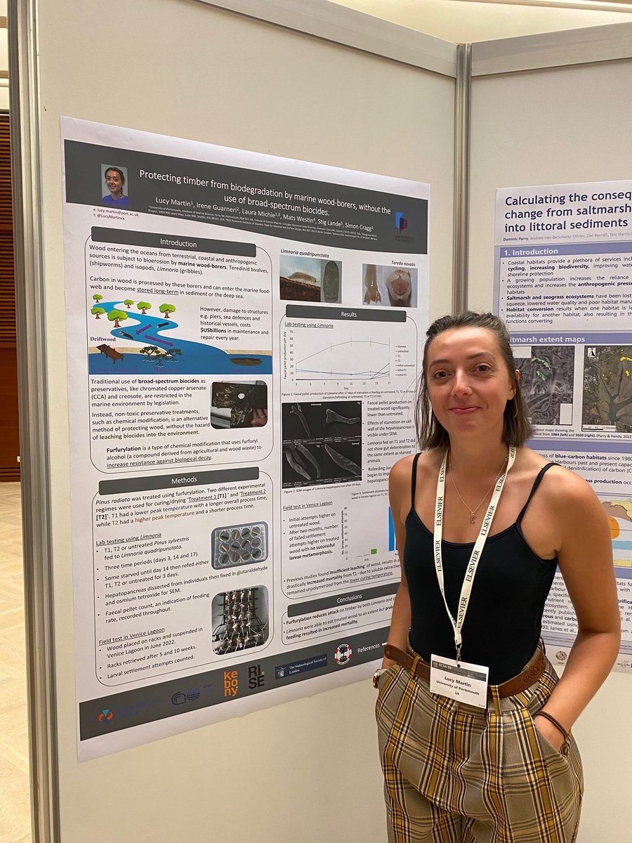 LucyMartincx's tweet photo. Had a fantastic time at #ecsa59 presenting my (highly commended) poster on protecting timber from marine wood-borers, without broad-spectrum biocides.
Shout out to @EmmaAlice_W for an amazing job to win the prize for best presentation 🏆and the rest of the @UoPMarineBiol group! https://t.co/rZ1QWAiL67