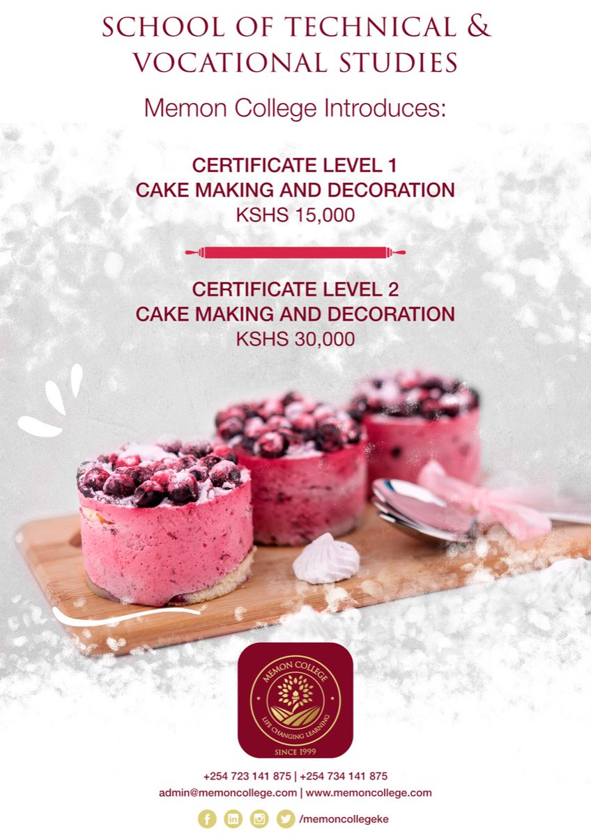 memoncollegeke's tweet photo. SCHOOL OF TECHNICAL &amp;
VOCATIONAL STUDIES
Memon College Introduces:
CERTIFICATE LEVEL 1
CAKE MAKING AND DECORATION
KSHS 15,000
CERTIFICATE LEVEL 2
CAKE MAKING AND DECORATION
KSHS 30.000 https://t.co/HqaNnBduae