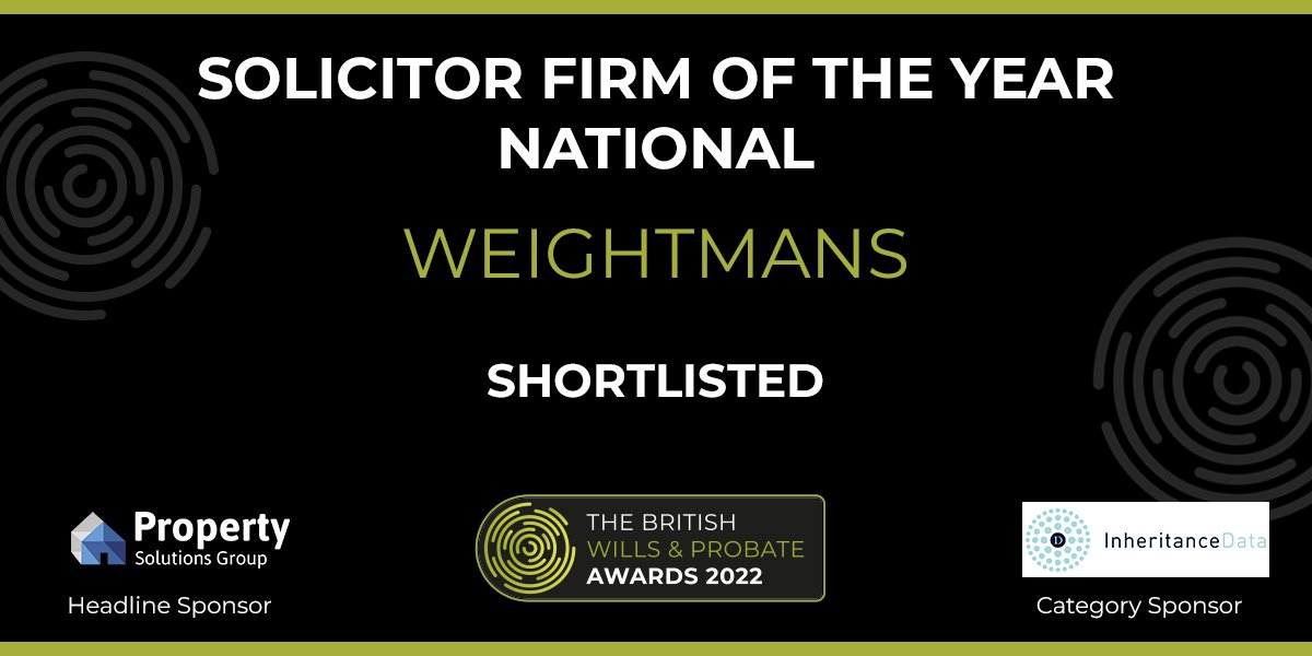 Weightmans's tweet photo. We are pleased to announce that we have been shortlisted for Solicitor Firm of the Year (National) and Outstanding Employee Experience at the British Wills &amp; Probate Awards 2022.

Congratulations to all involved for this outstanding recognition. #BWAPAwards2022 https://t.co/5wlerF6qdJ