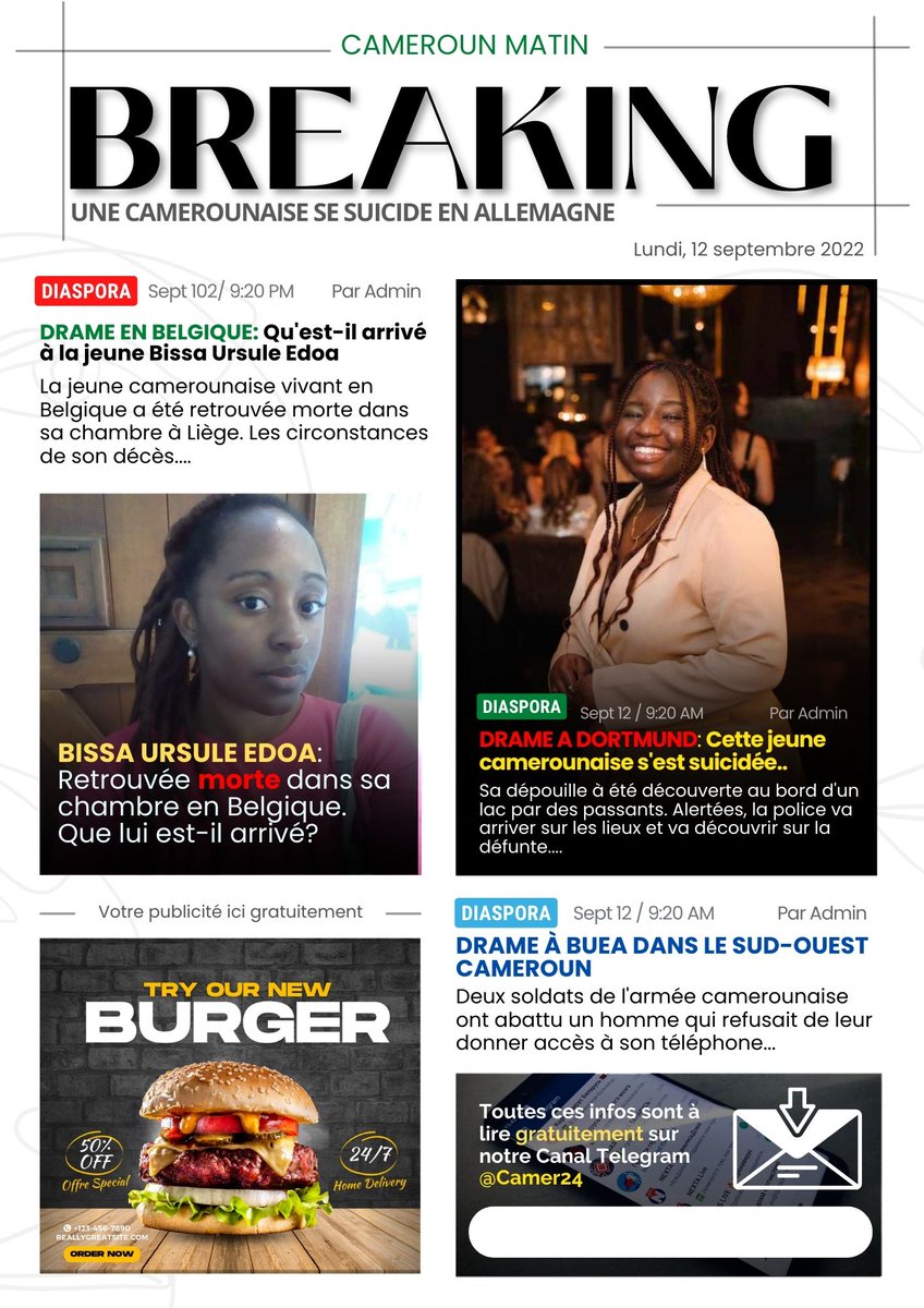 🔥🤔🔥 UNE #CAMEROUN-AISE SE SUICIDE A #DORTMUND DANS DES CIRCONSTANCES TROUBLES

🔗 #NzuiManto nous apprend que sa dépouille a été découverte au bord du lac par des passants qui aussitôt vont alerter la police. 

À lire sur notre canal Telegram t.me/camer24