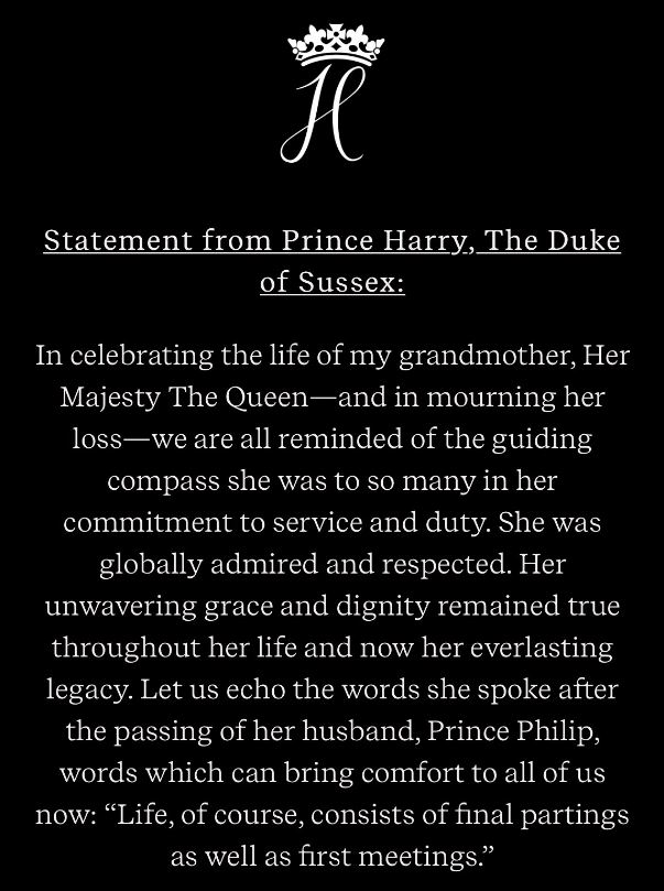 PointDeVueMag's tweet photo. 👑#Harry, duc de Sussex, s'est exprimé dans un poignant communiqué :
"Merci pour ton engagement"
"Merci pour tes précieux conseils"
"Merci pour ton sourire communicatif"🖤
 #QueenElizabeth #Queen #princeharry #Meghan @RoyalFamily https://t.co/pJf1HD16Pf