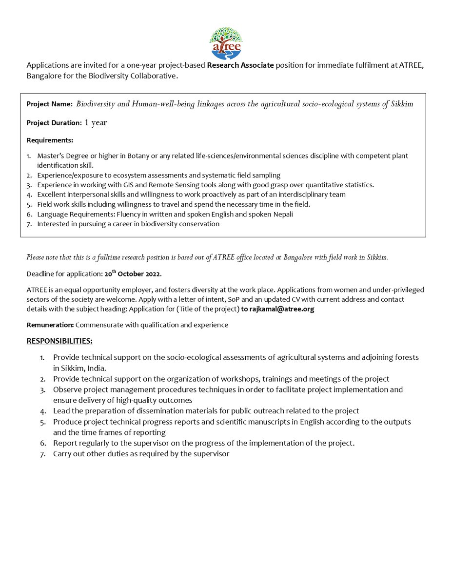goswamirk's tweet photo. Job alert at @atree_org Share widely. Folks passionate about biodiversity conservation, APPLY https://t.co/2ORUYnVQ9P