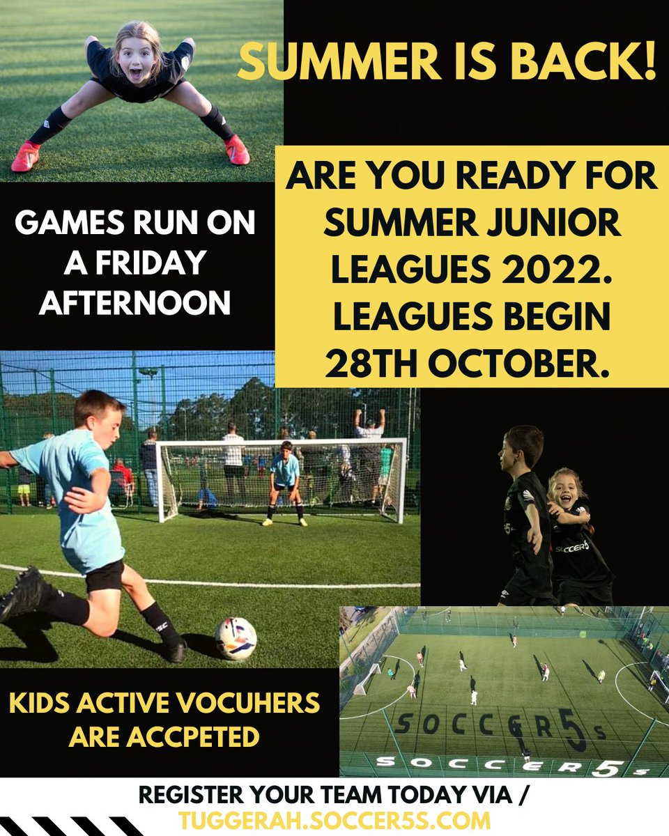SUMMER JUNIORS 2022 is just 6️⃣ weeks away! 

Don’t miss out on all the action this summer! Junior Leagues running on a Friday afternoon. 6s through to 16s available. Don’t miss out on playing with your friends this summer 🔥

- 6s through to 14s on 5aside. 15s and 16s on 7aside.