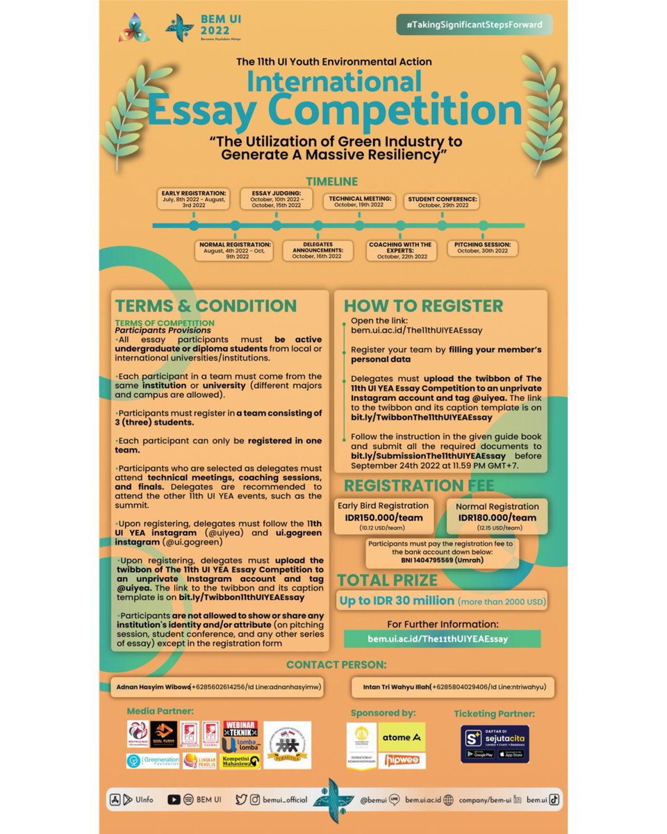 permitha's tweet photo. Hello, changemakers!
There's still more than enough time for you to participate in The 11th UI YEA International Essay Competition 
Now is the time to pour your creative ideas on how we can do better for our environment!
Register yourself through the link https://t.co/7uF3ZrNIcX https://t.co/IyWoTnAPtR
