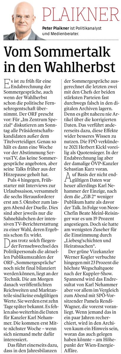 PeterPlaikner's tweet photo. Noch sind Quoten für #orfsg22 nicht komplett, weil finale Auswertung für Gespräch mit @karlnehammer erst kommt. Aber vorläufige Daten zu gestrigem #imzentrum sehr hoch: 617.000 Zuschauer, 33% Marktanteil. Ich hatte schon für @kleinezeitung am Samstag über Polit-Talks geschrieben. https://t.co/oZt53KzN4A