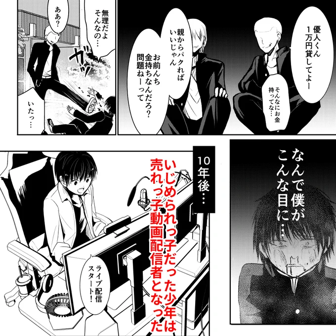 こちらの賞に応募しました。面白かったら「いいね」お願いします!
【志】いじめられっ子配信者の復讐  #クニエ漫画グランプリ2022  #コミチ #漫画が読めるハッシュタグ https://t.co/L7aJ9TQuPD 