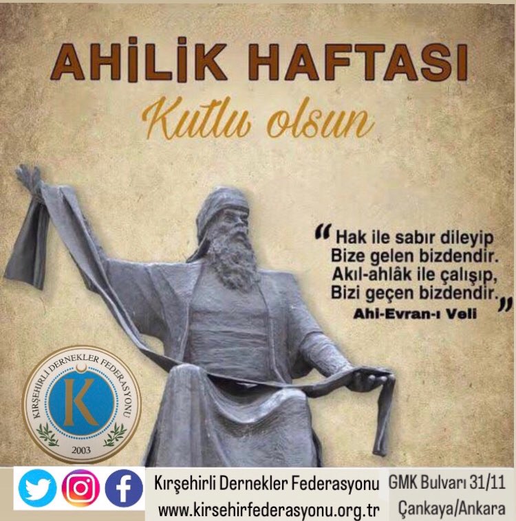 kirsehirfed40's tweet photo. 🇹🇷Ahi Evran idi,ulu pirleri, Âlim Edebali bundan birleri; Bosna’dan Kırım’a var tesirleri Ahilik, adalet demekti.
 Ahilik Haftasi kutlu olsun……
#ahilikhaftası #ahievran #kırşehir #anayurdum #teşkilat #bizegelenbizdendir #ahlak #edepyahu #i̇lim #hak🌹🌹🌹🌹 https://t.co/aIYgh9VquE