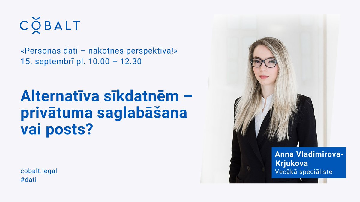 Vecākā speciāliste <a href="/AnnaVlKr/">Anna  Vladimirova-K</a> uzstāsies @Datu_inspekcija rīkotajā konferencē “Personas dati – nākotnes perspektīva!”, kas norisināsies 15. septembrī.
📌Anna izskaidros, vai “cepumiņu” laiks ir beidzies un kāda ir alternatīva sīkdatnēm. 
🔗Pieteikšanās: mittoevents.com/pdfp-2022/regi…