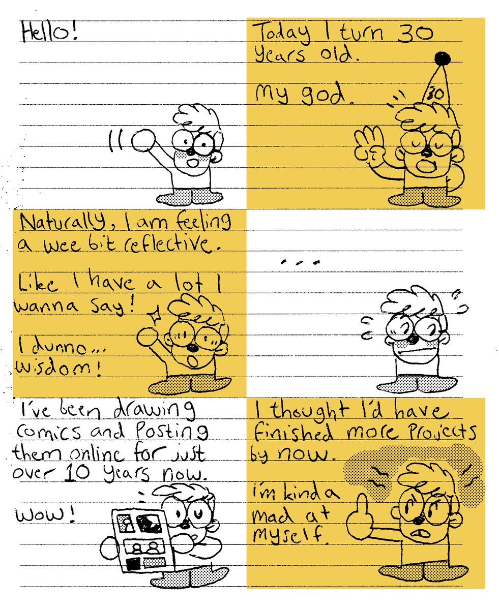 Today I turn 30 🎂
I drew a comic about how I'm feeling right now, turning 30.
I drew it during a quiet shift at my job on the office note pad (hence why it's so scrappy)

1/2 