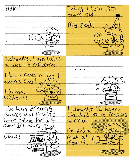 Today I turn 30 🎂
I drew a comic about how I'm feeling right now, turning 30.
I drew it during a quiet shift at my job on the office note pad (hence why it's so scrappy)

1/2 