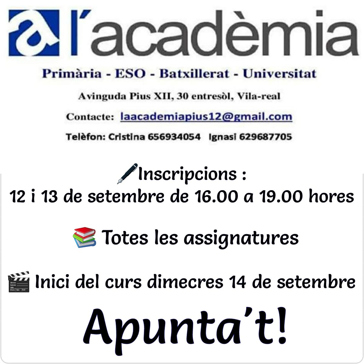 AcademiaPio12's tweet photo. Hola a tots i totes, arriba setembre i ja torna l'acadèmia!
Recorda, la matrícula és gratuïta!
Vos esperem! https://t.co/dHI1NlB0pP