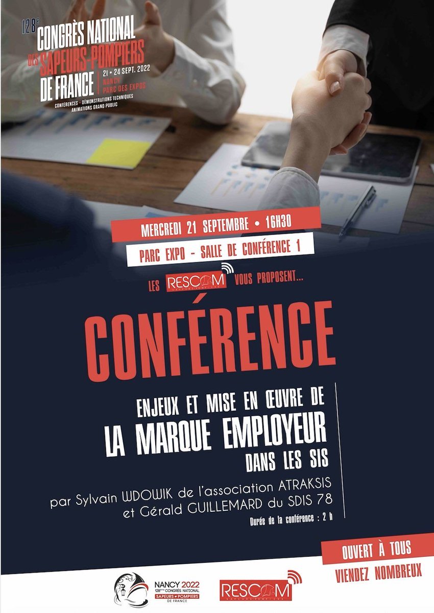 Dans le cadre du @cnspf2022 , les #rescom organisent une conf. sur la marque employeur dans les SIS. 
On vous y attend nombreux !
En collaboration avec <a href="/comatraksis/">Atraksis</a> &amp; les <a href="/pompiers78/">pompiers78</a> 
#communicationpublique #marqueemployeur #attractivité #recrutement #carrières #SDIS #RH