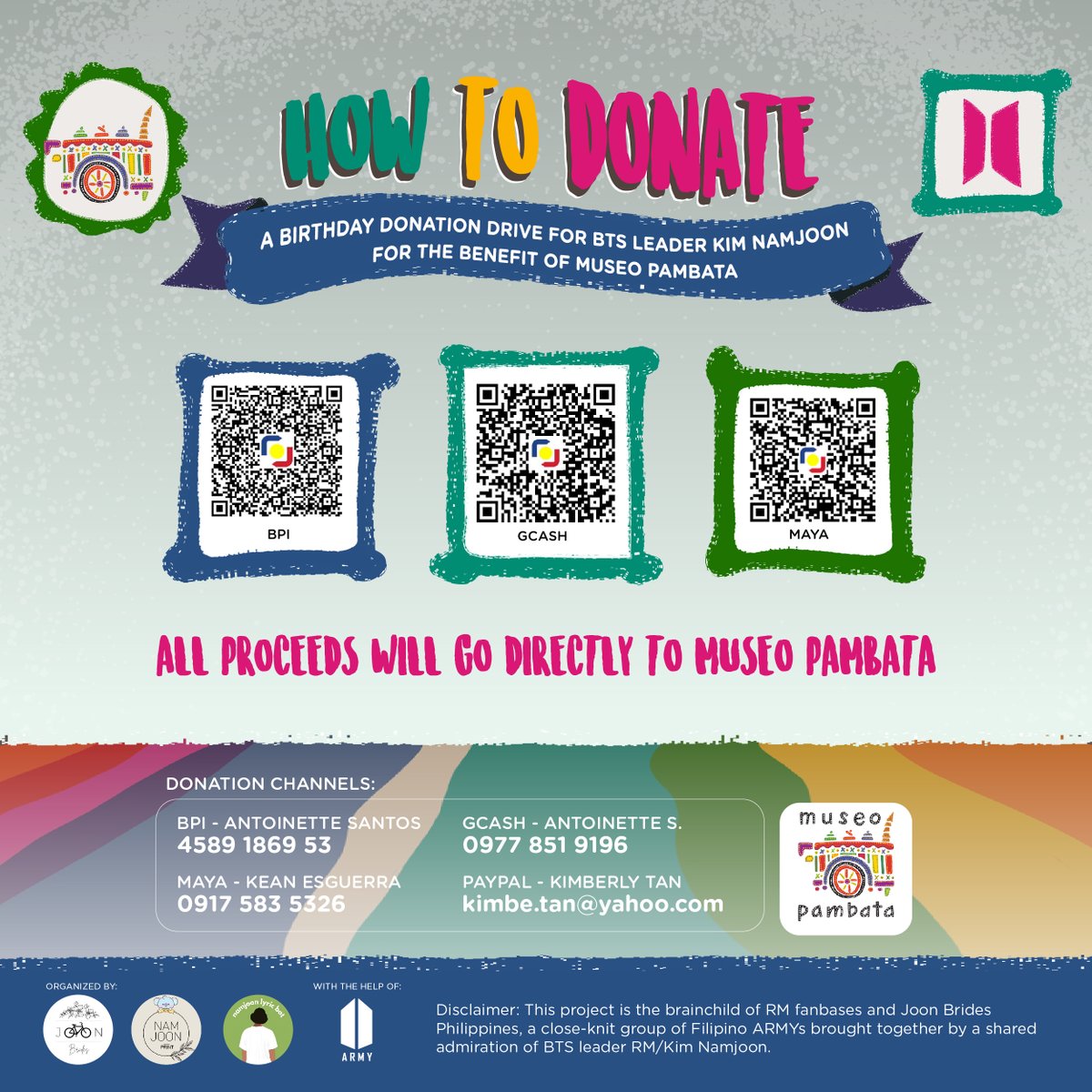 museopambata's tweet photo. @JoonBridesPH and RM fanbases in the country are raising funds to sponsor 100 kids from underserved communities to attend the Museo Reopening!💜This was organized to celebrate the birthday of RM and to honor his love for the arts. Check out the post to support their cause ✨ https://t.co/dyTAdfCYk5