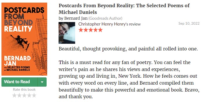 BernardJanWorld's tweet photo. βββββ Goodreads #review for my #poetry book #PostcardsFromBeyondReality πΉπ¦π
Please read the review π https://t.co/O2Ue2WhwgN
Thank you for loving it, Christopher! π§‘ @ComedyChrisT21
Check out my #eBook on Amazon π https://t.co/s493UnDY3r
#indieauthors #poems #IARTG RT https://t.co/zgMKX7V99z