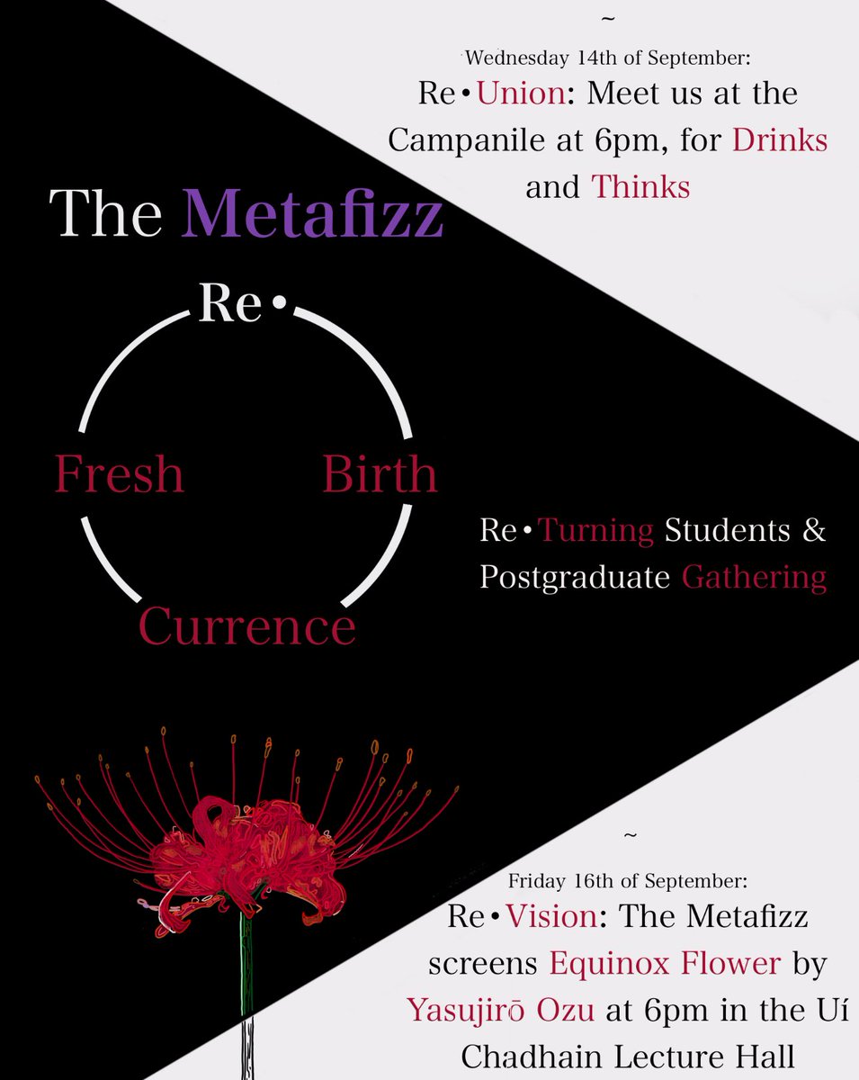 Metafizz's tweet photo. The Metafizz invites re·turning and postgraduate students to gather this Wednesday at 6pm by the Campanile for drinks and thinks, we are eager to meet you one and all! In addition, we'll be screening Ozu's Equinox Flower as a celebration of our—what? Re·currence? Re·birth? https://t.co/09zNZJZJB8