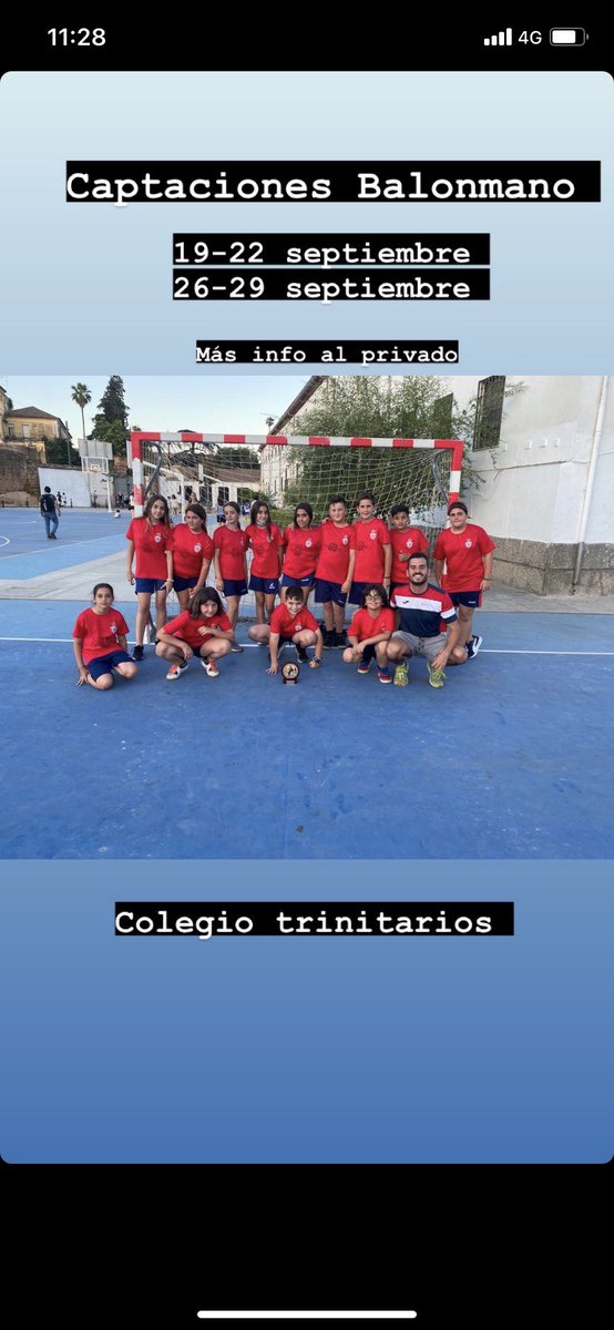 Captaciones Equipo Balonmano. Comenzamos el 19 de septiembre y hasta el 29 septiembre podéis participar en los entrenos.
Inicio en octubre.
<a href="/cdtrinitarios/">CD Trinitarios</a>